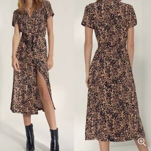 Wilfred leopard/cheetah printed long button up dress with tie